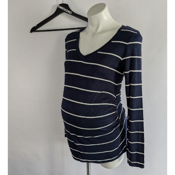Timing Maternity Stripe Navy Blue Long Sleeve V Neck Teeshirt sz Medium - Picture 1 of 3